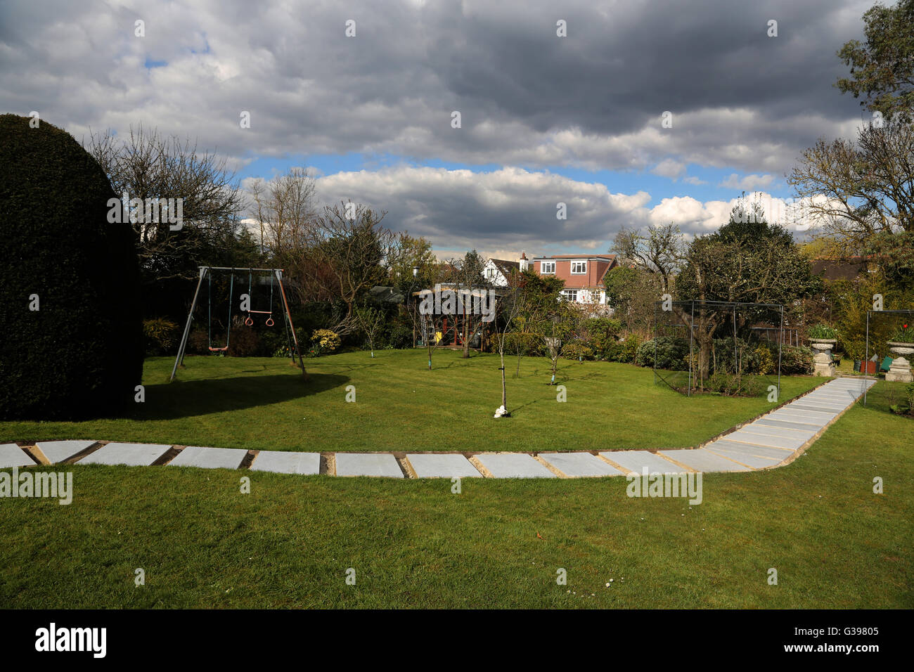 Laying New Garden Path New Concrete Slabs Surrey England Stock Photo