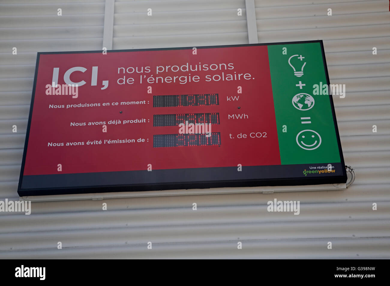PV electricity generation meter in supermarket recording ourput from solar rooves in car park France Stock Photo