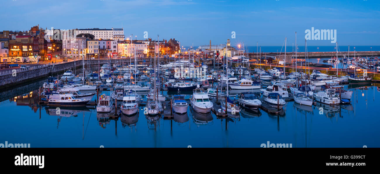 Panoramic view of the Royal Harbour Marina Ramsgate at dusk. Stock Photo