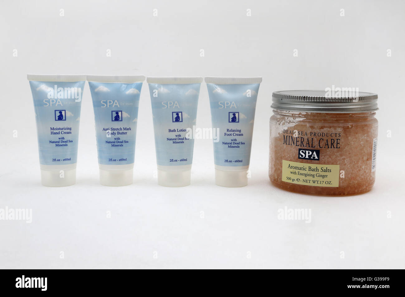 Dead Sea Minerals Products Spa For Mum - Hand Cream, Anti Stretch Mark Body Butter, Bath Lotion And Foot Cream And Dead Sea Mine Stock Photo