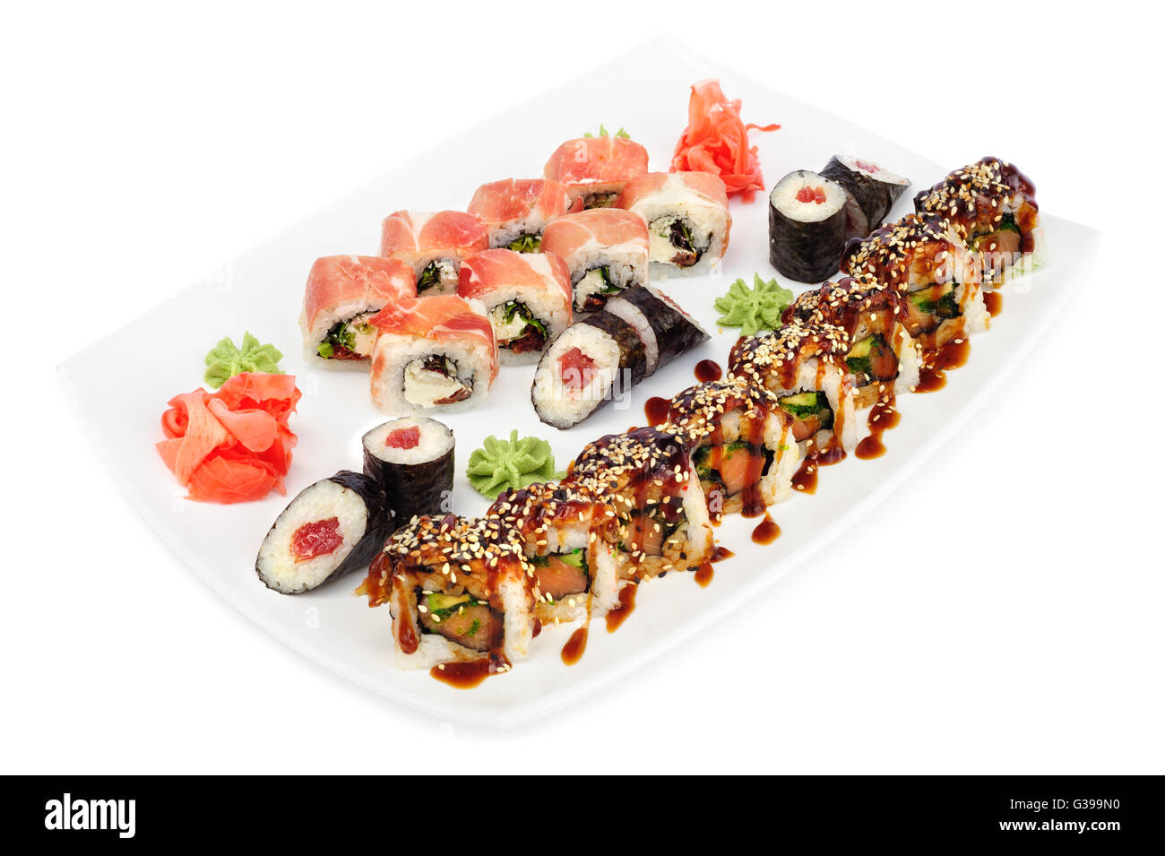 Maki and uramaki sushi set of rolls isolated on white Stock Photo - Alamy
