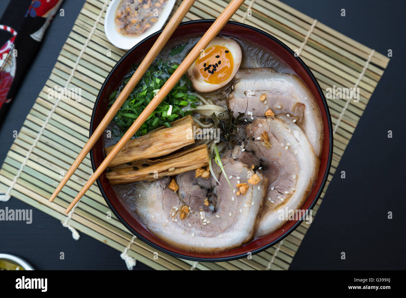 japanese tonkotsu ramen, pork bone broth noodles, top view Stock Photo