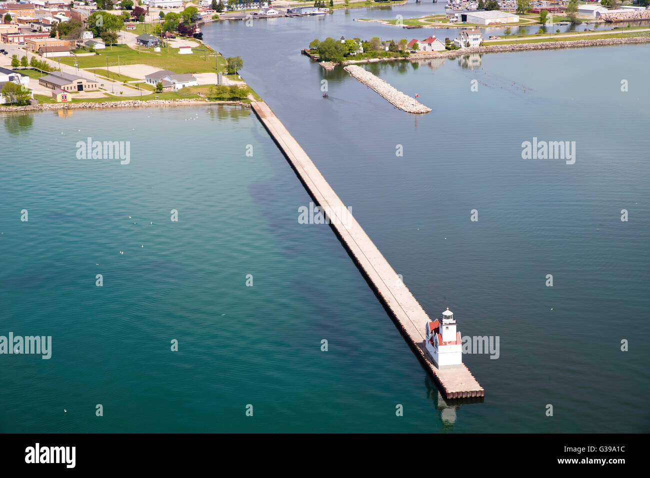 Highangle, aerial view of the Kewaunee Lighthouse, Kewaunee, Wisconsin
