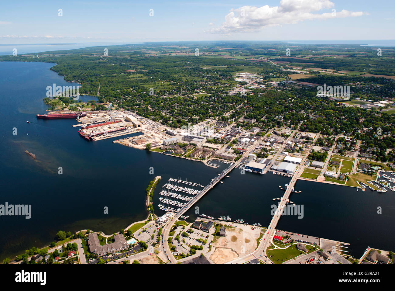 Ship are lined up at the docks of Sturgeon Bay, Wisconsin Stock Photo
