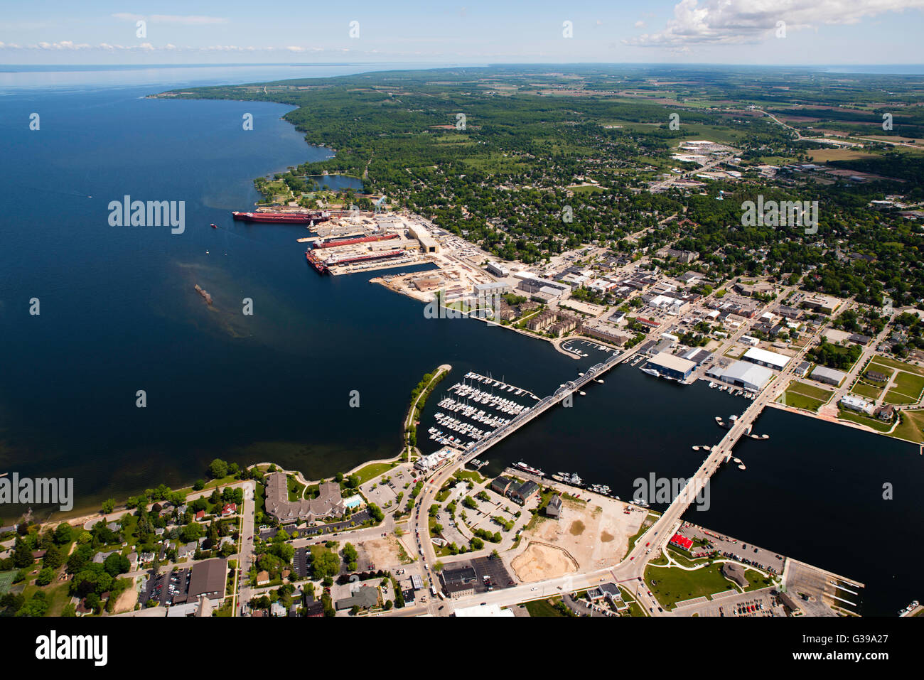 Ship are lined up at the docks of Sturgeon Bay, Wisconsin Stock Photo