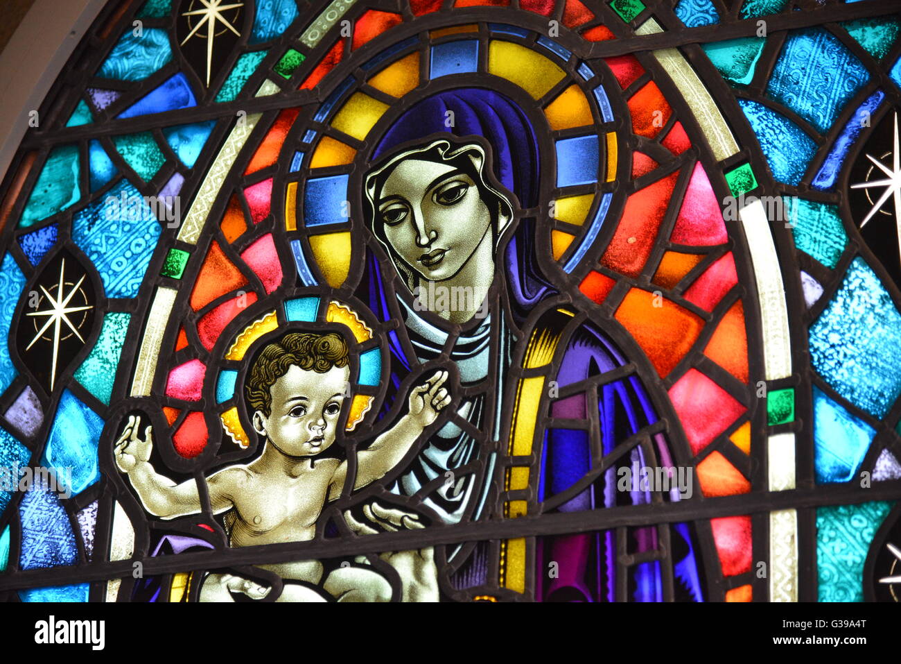 Stained glass window in the famous Hallgrimskirkja church in Reykjavik