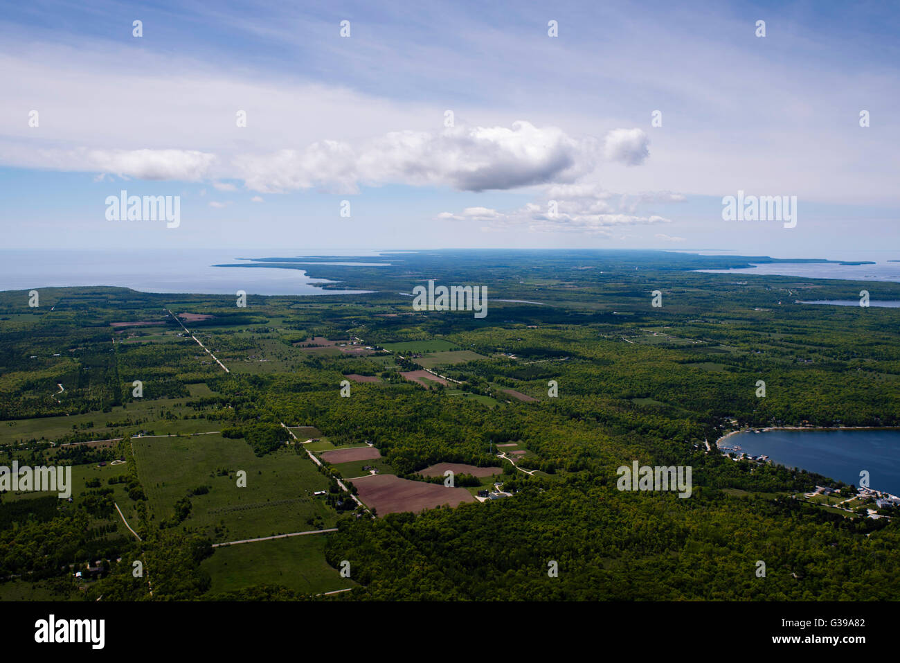 Aerial view of the Door County peninsula, Wisconsin; the community of