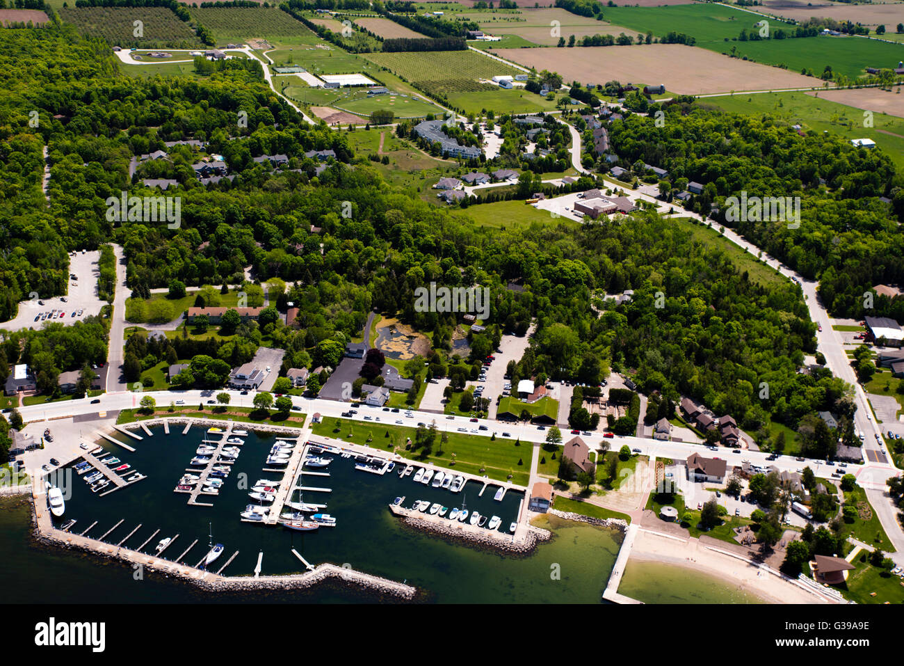 Aerial view of Sister Bay, Door County, Wisconsin; Al Johnson's Swedish