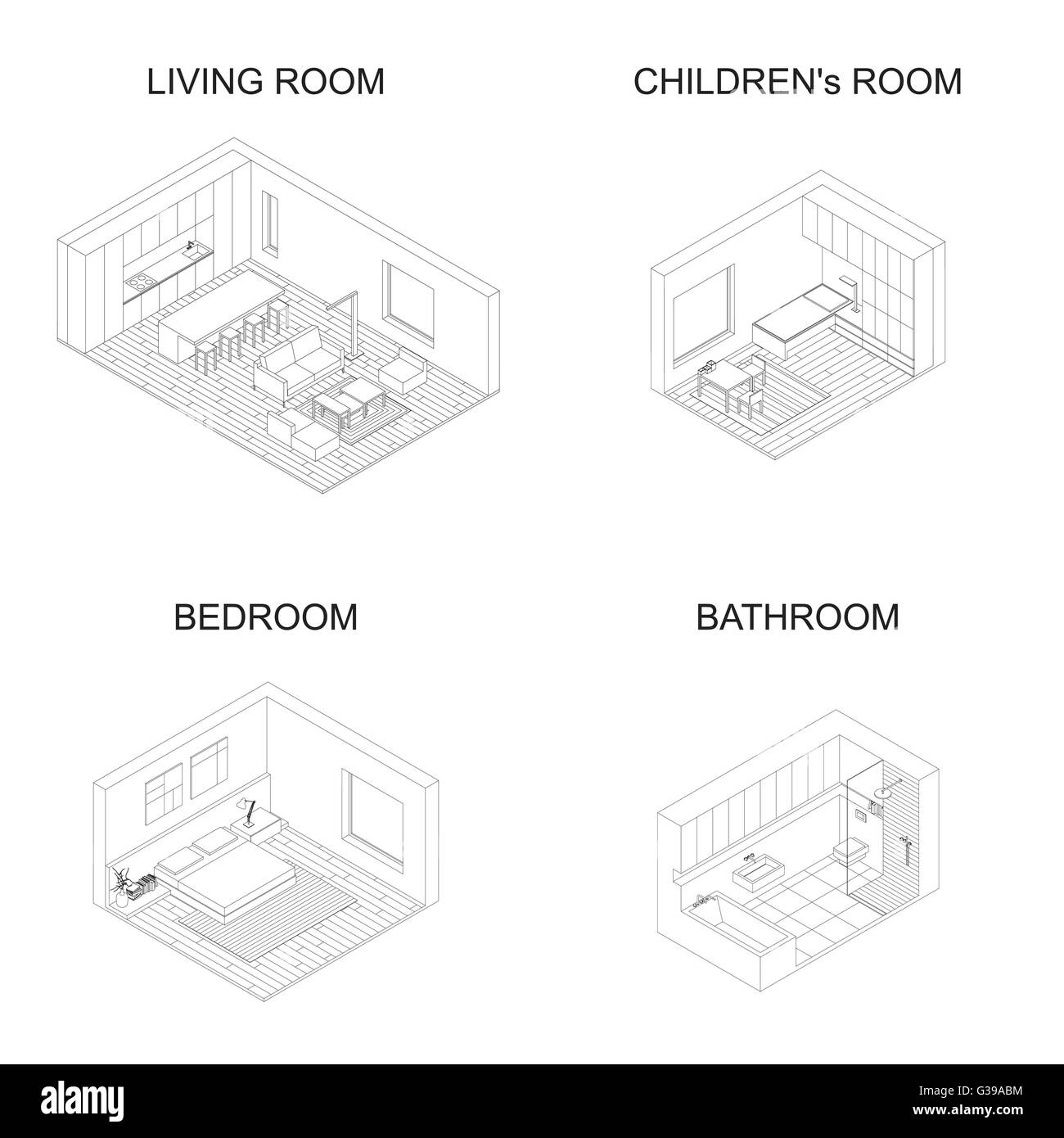 Interior isometric vector rooms. Stock Vector