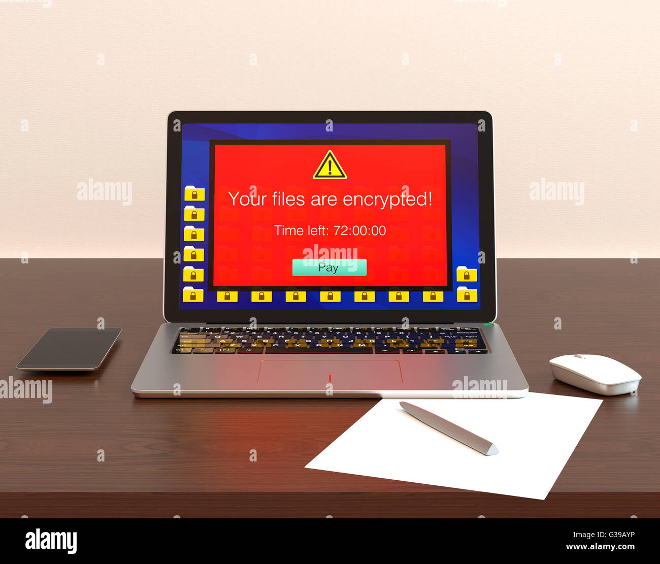 Screen of laptop computer showing alert that the computer was attacked by ransomware. 3D rendering image. Stock Photo