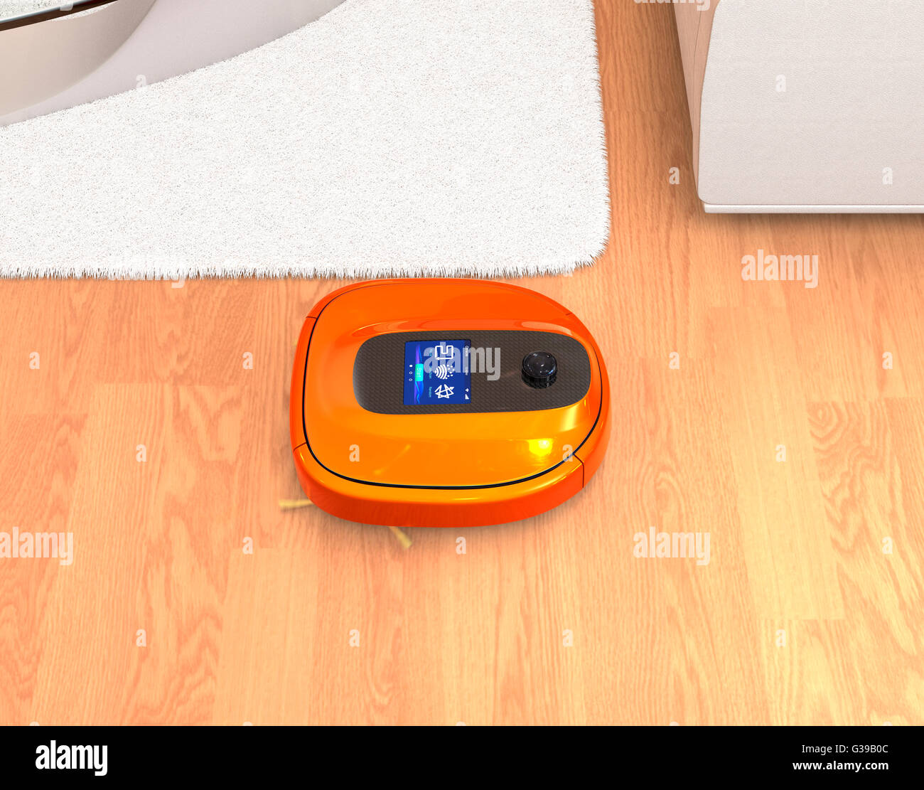 Metallic orange robotic vacuum cleaner moving on flooring. 3D rendering image. Stock Photo