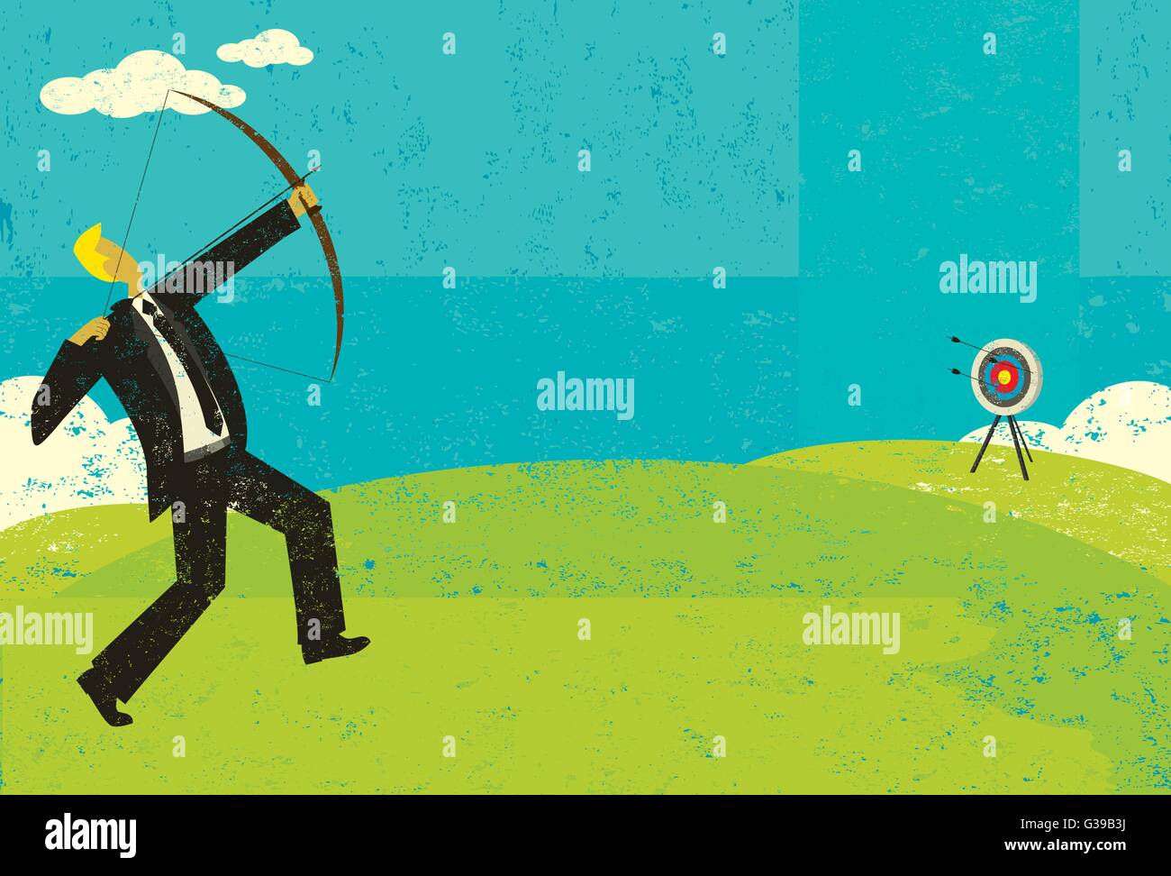 Trying to hit the bull’s eye A businessman trying to shoot the arrow into the bull's eye to achieve his goal. Stock Vector