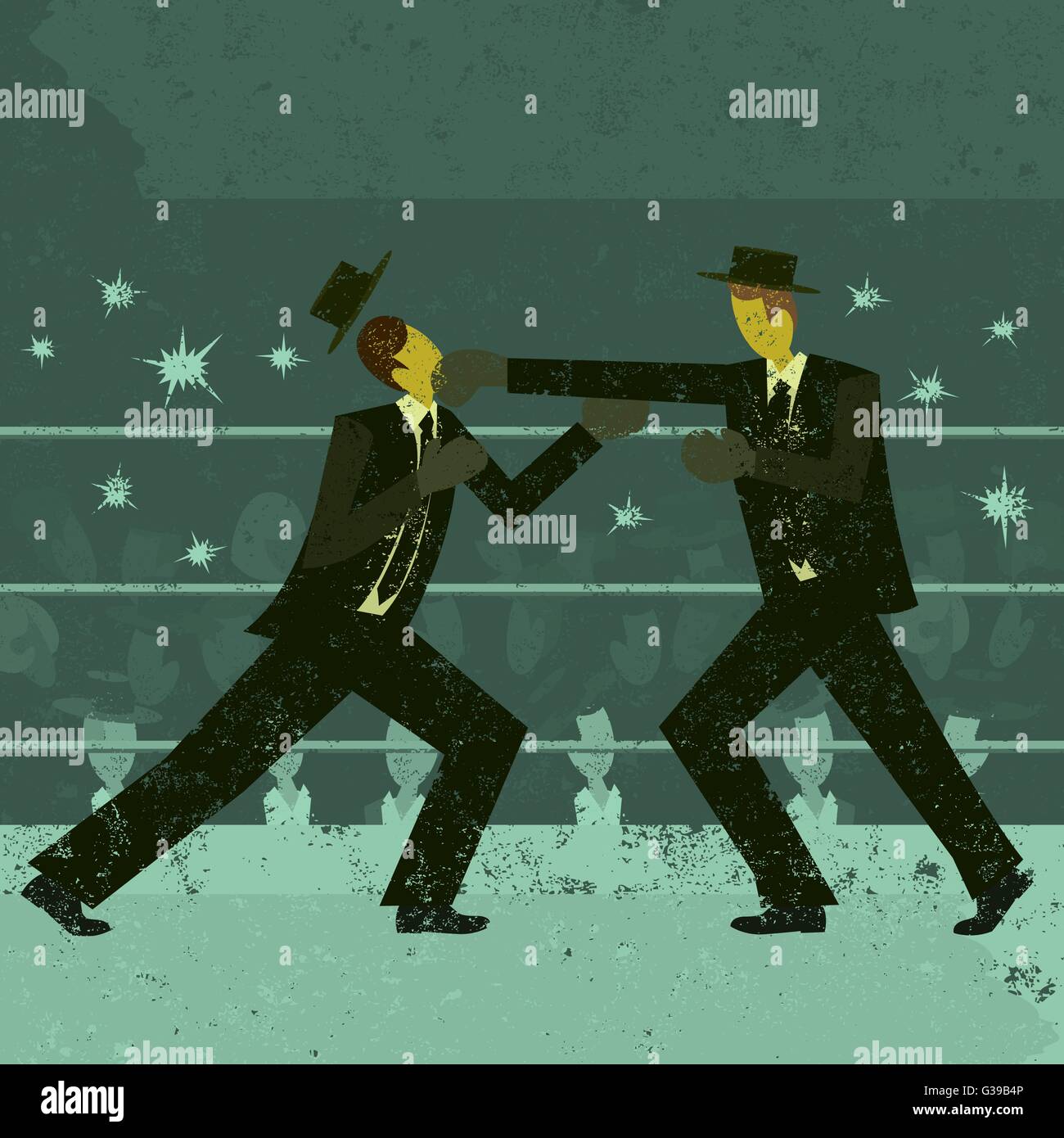 Businessmen boxing match Two retro businessmen fighting in a boxing ring with a crowd watching. Stock Vector