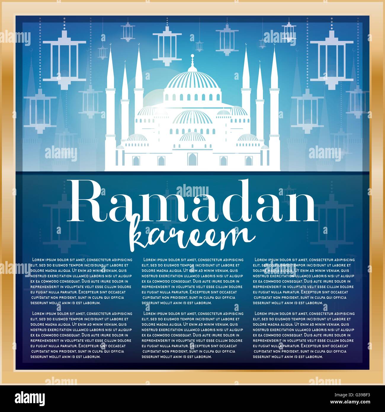 Ramadan Kareem greeting card template with white mosque and copy space. Vector illustration. Stock Vector