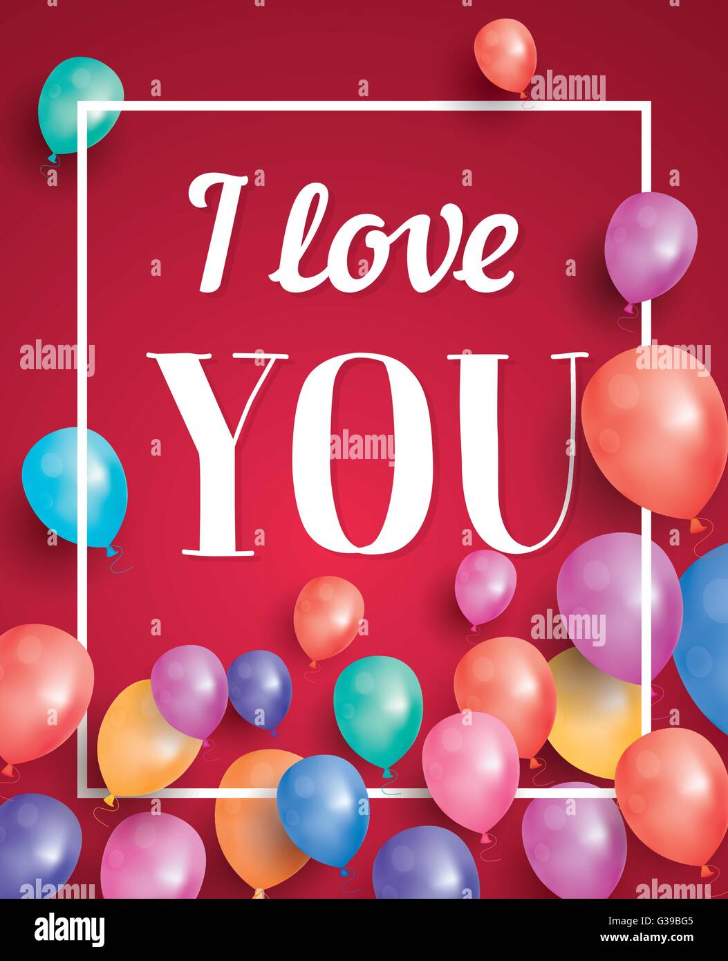I love you card with flying balloons and white frame. Vector illustration. Stock Vector