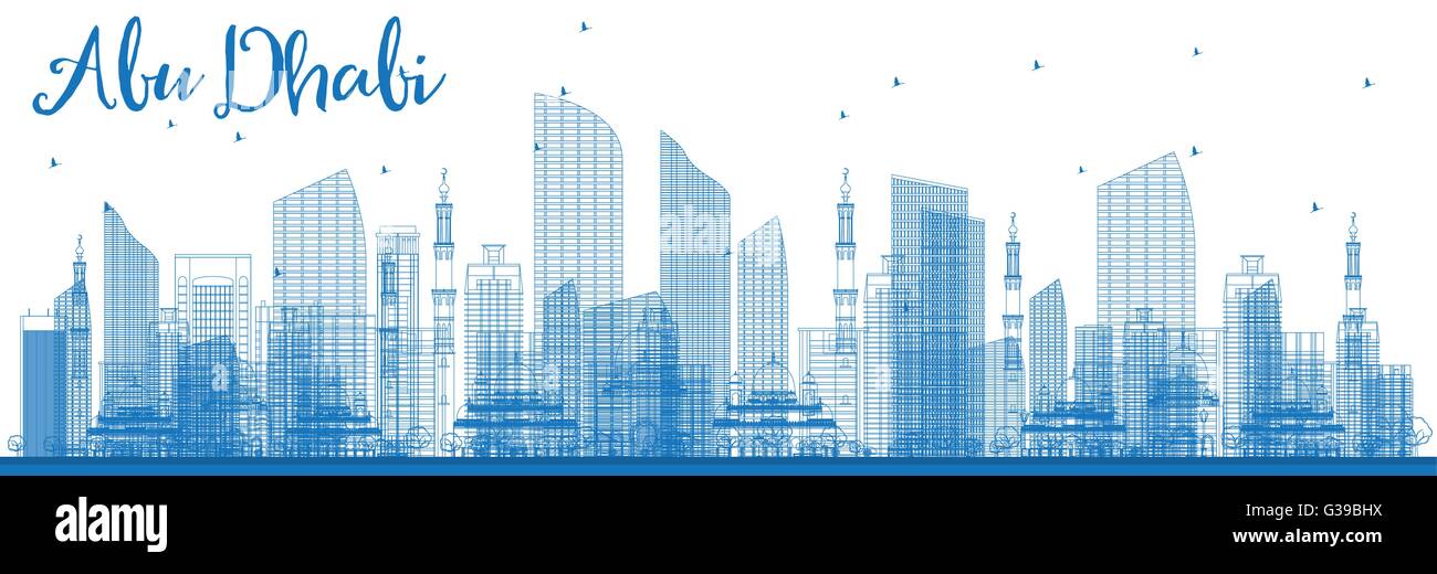 Outline Abu Dhabi City Skyline with Blue Buildings. Vector Illustration. Business Travel and Tourism Concept  Stock Vector