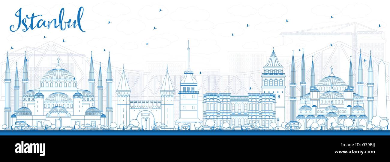 Outline Istanbul Skyline with Blue Landmarks. Vector Illustration. Business Travel and Tourism Concept with Istanbul City. Stock Vector