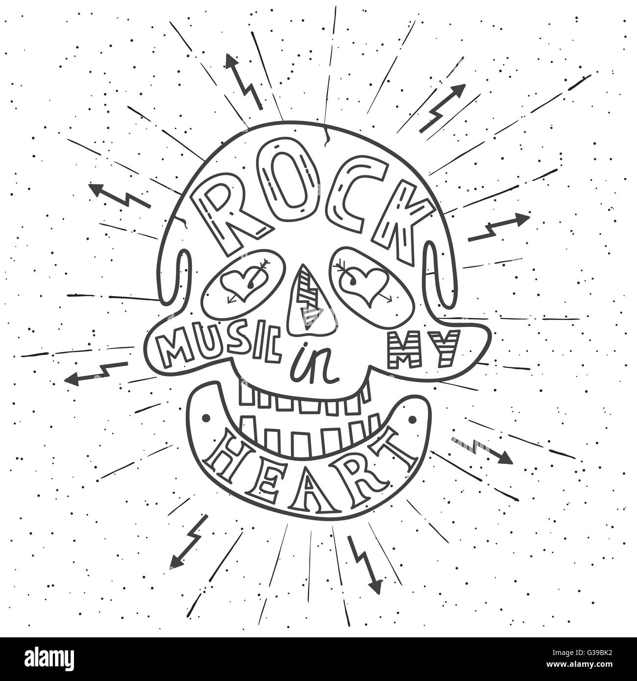 Rock music in my heart. Hand drawn lettering design with skull. Typography concept for t-shirt design or web site. Vector Stock Vector