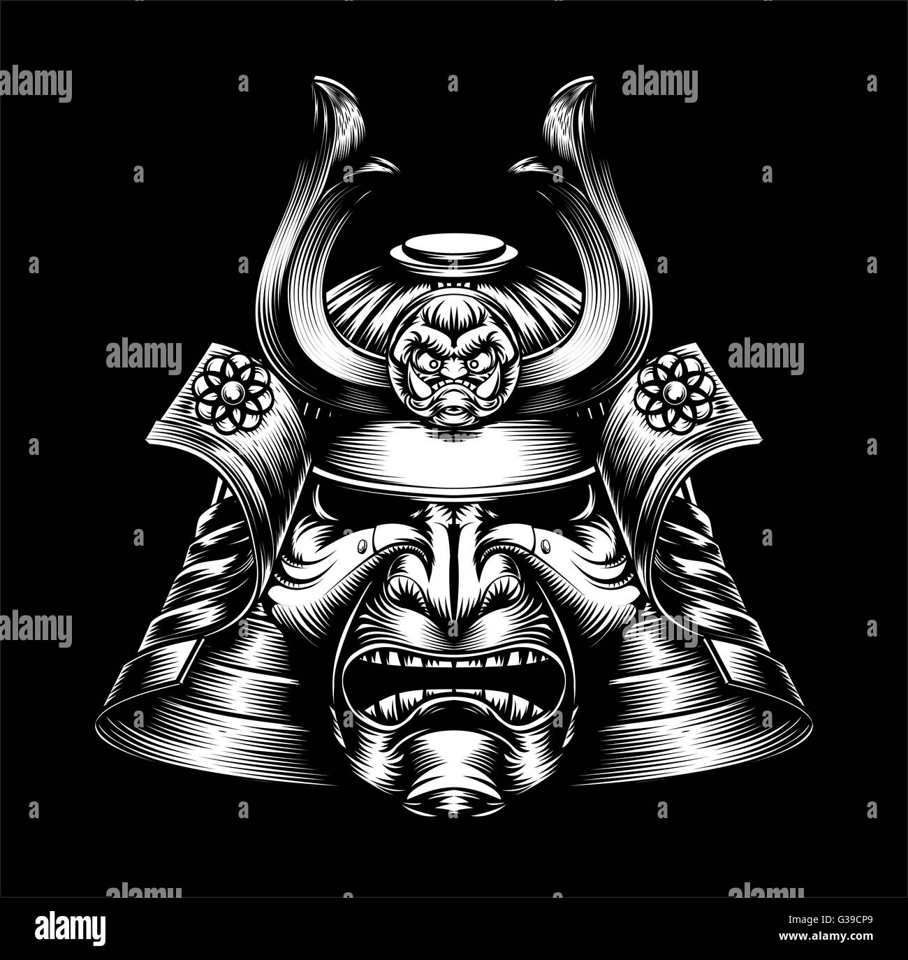 A mean looking Japanese samurai mask and helmet warrior illustration Stock Photo