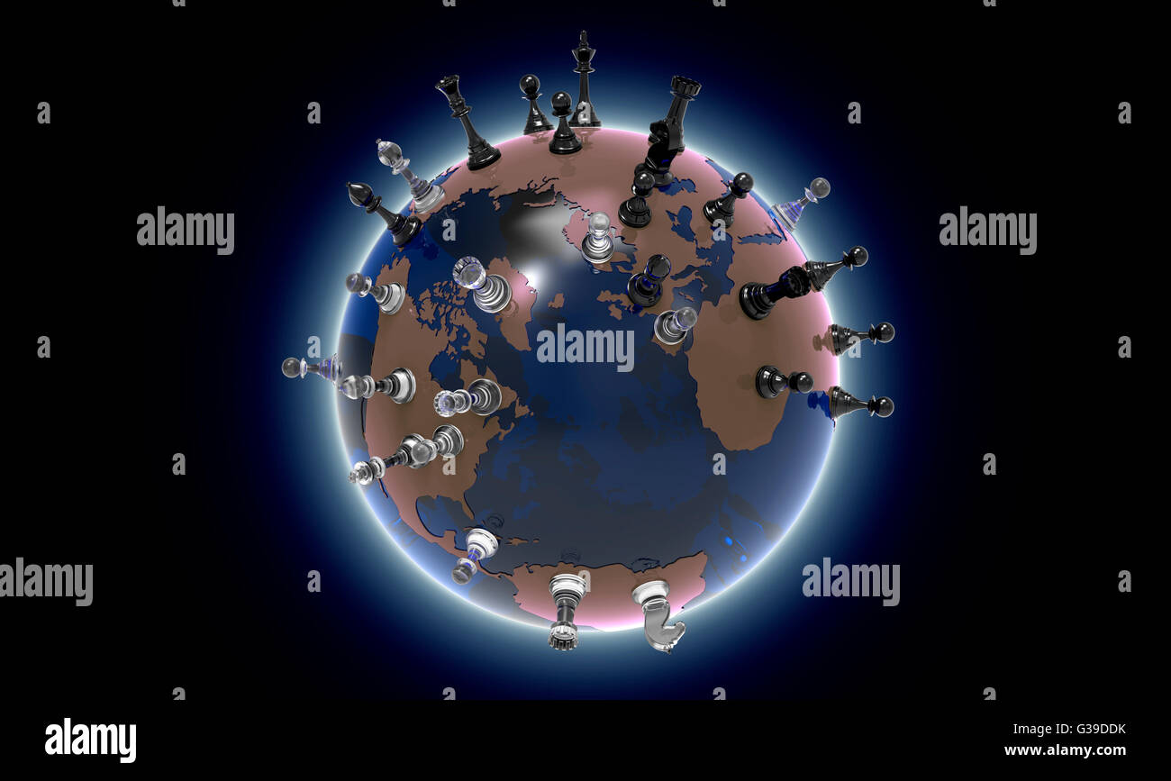 symbol of geopolitics the world globe with chess pieces Stock Photo - Alamy