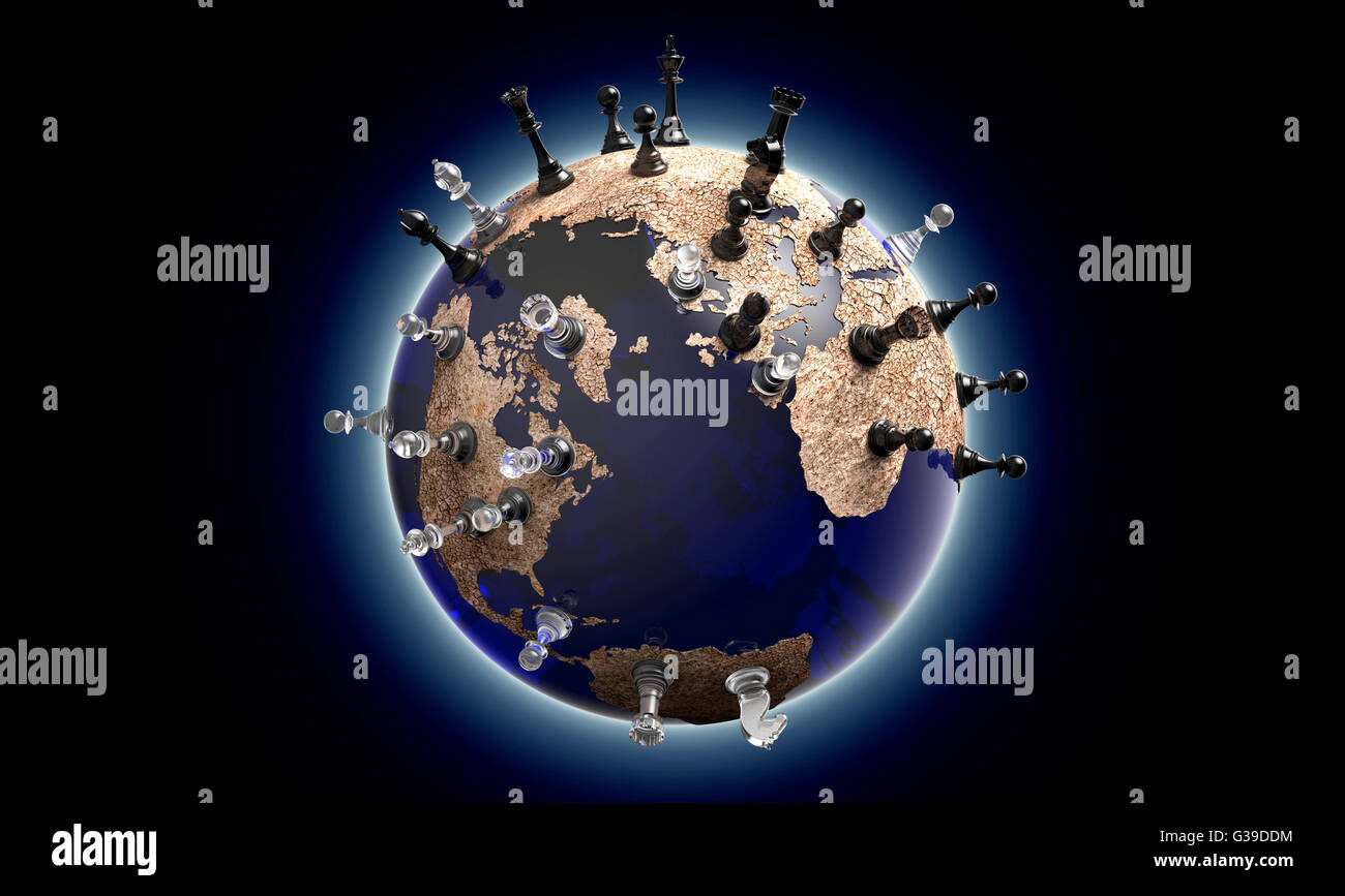 symbol of geopolitics the world globe with chess pieces Stock Photo - Alamy