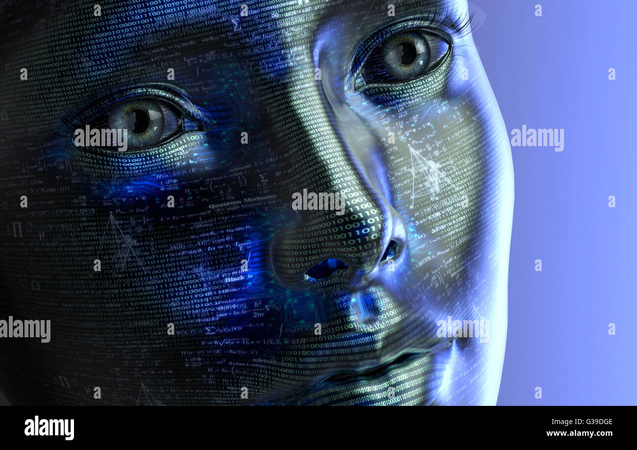 electronic woman or female cyborg isolated on binary background Stock Photo