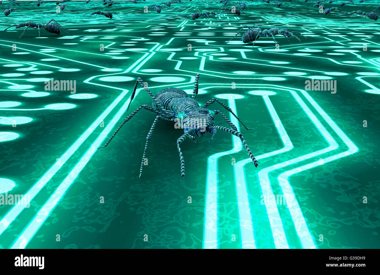 digital safety concept computer bug in electronic environment. Stock Photo