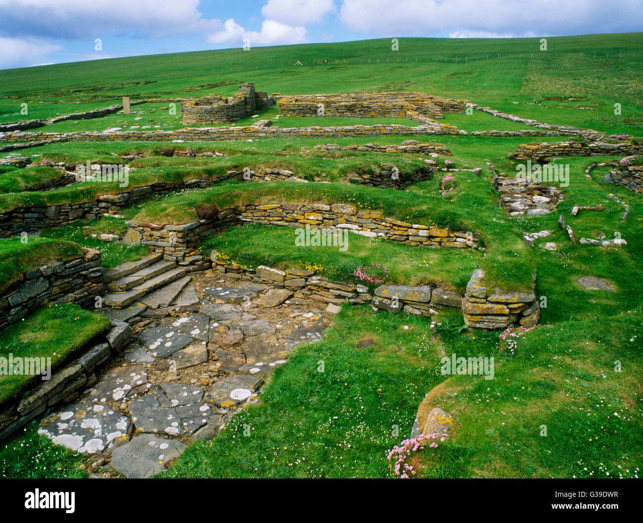 Viking-age buildings E of the early C12th Romanesque church on the tidal island of Brough of Birsay, off Mainland, Orkney. Stock Photo