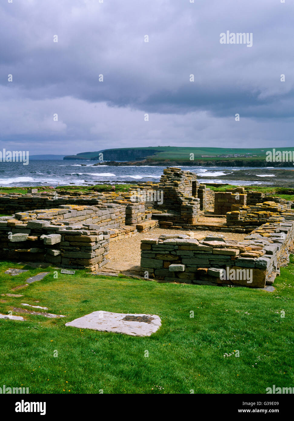 View E of the early C12th Romanesque church, part of the Viking-age settlement on the tidal island of Brough of Birsay, Orkney. Stock Photo