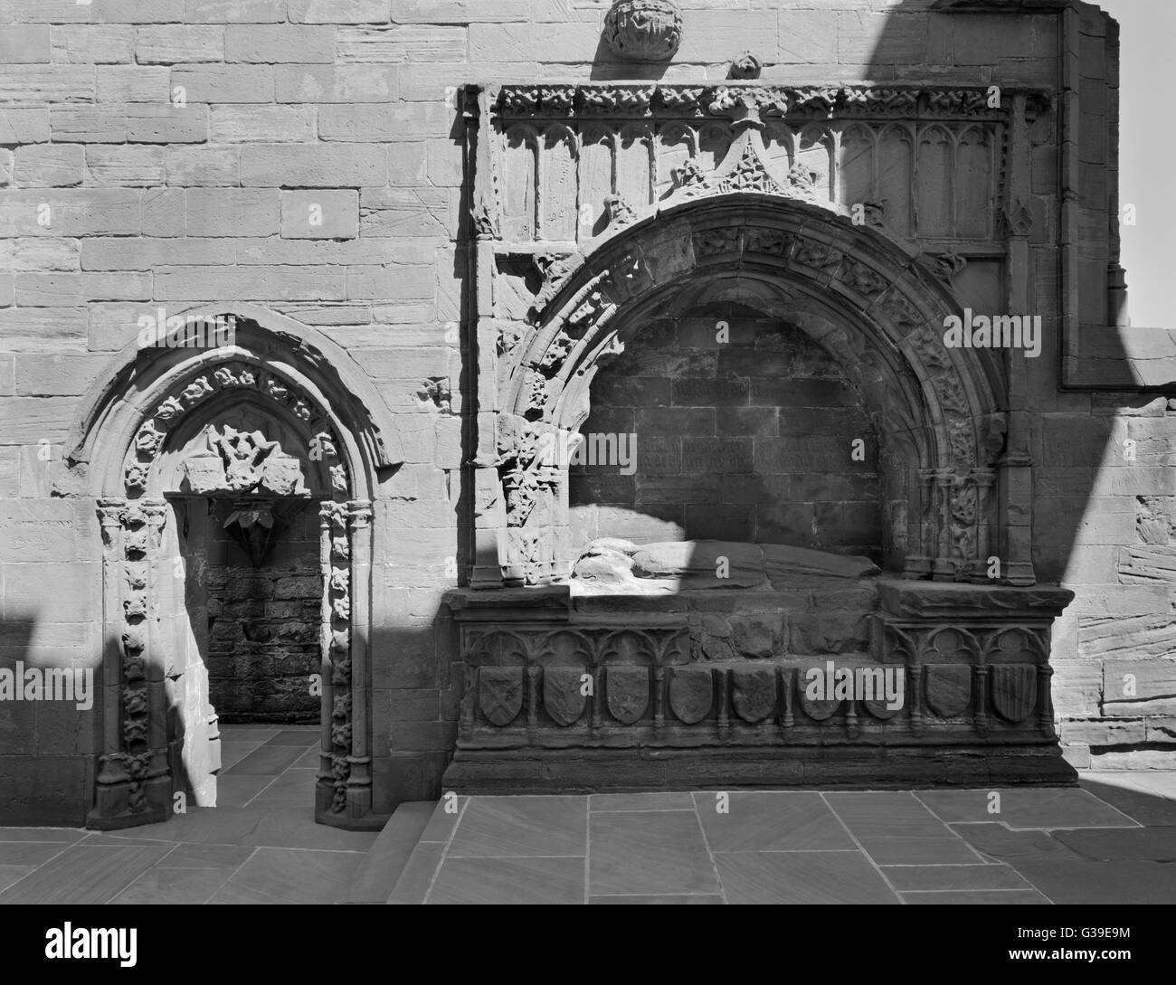 Early C15th tomb & effigy of Princess Margaret, eldest daughter of King Robert III, in the ruined chancel of Lincluden Collegiate Church, Dumfries. Stock Photo