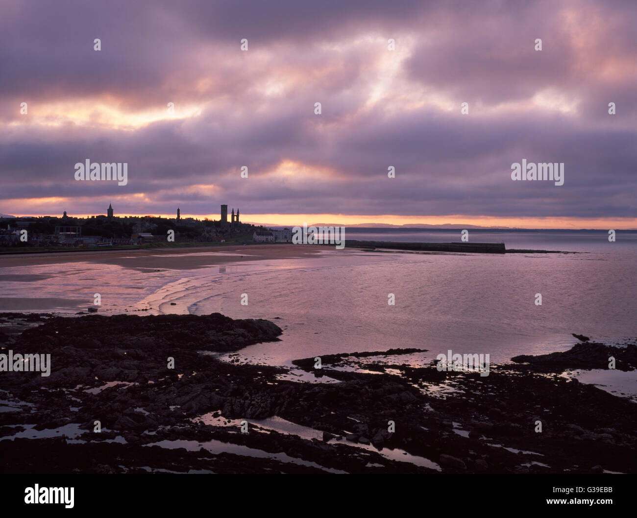 St Andrews, Fife: East Sands & town with W & E ends of ruined cathedral ...