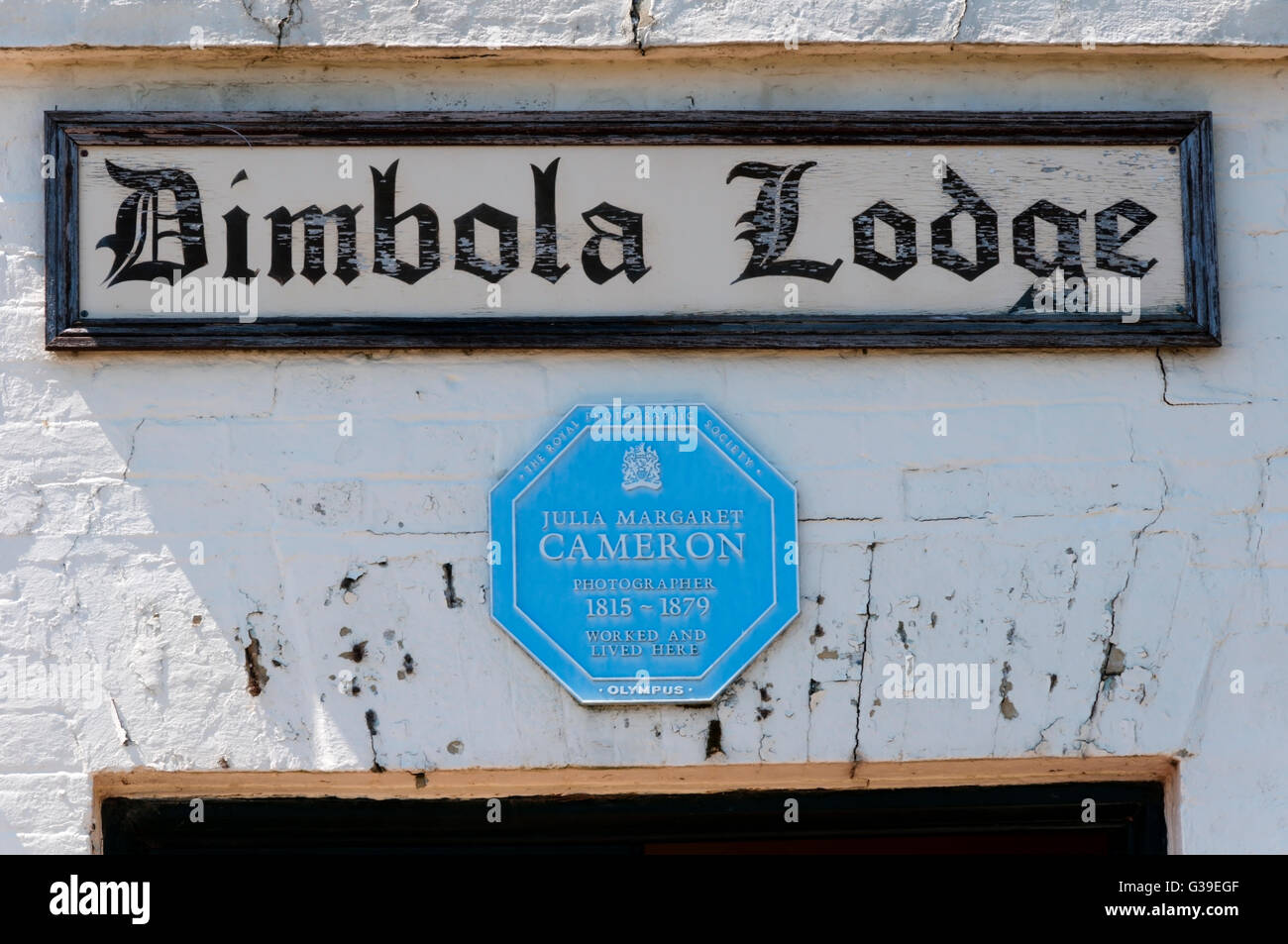 A blue plaque on Dimbola Lodge on the Isle of Wight. The home of the Victorian photographer Julia Margaret Cameron. Stock Photo