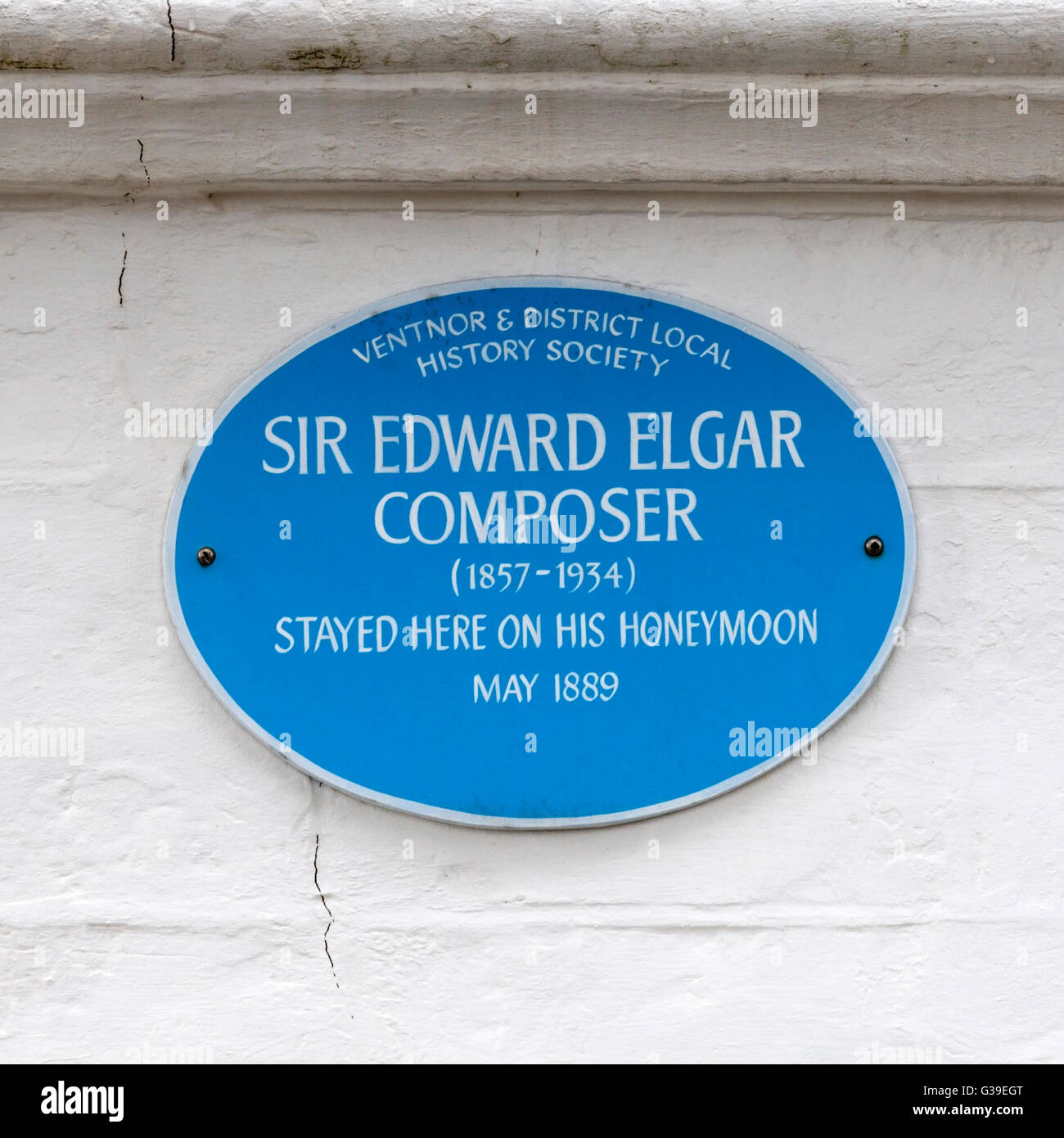 A plaque on the house at 3 Alexandra Gardens in Ventnor on the Isle of Wight where the composer Sir Edward Elgar spent his honeymoon Stock Photo