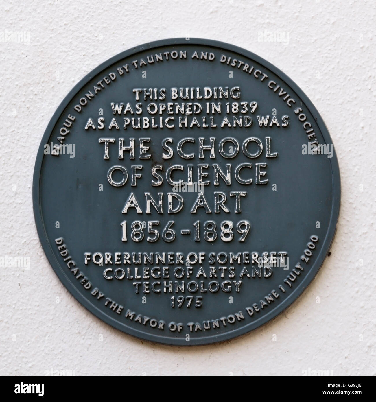 Plaque commemorating Taunton School of Science and Art, later to be Somerset College of Arts and Technology. Stock Photo