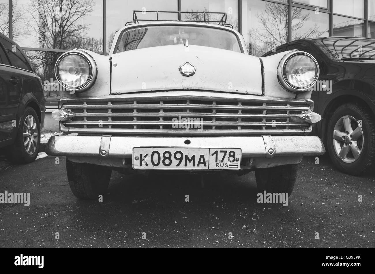 Saint-Petersburg, Russia - April 15, 2016: Gray old-timer Moskvitch-403 compact car manufactured by the former Soviet automobile Stock Photo