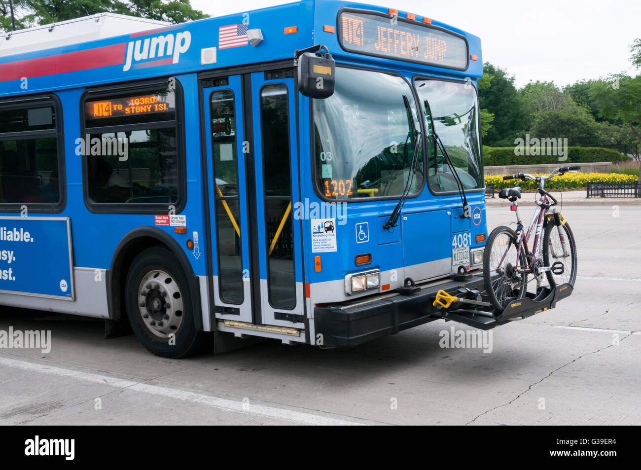 Bike carrier rack on the front of a public bus in Chicago. Stock Photo