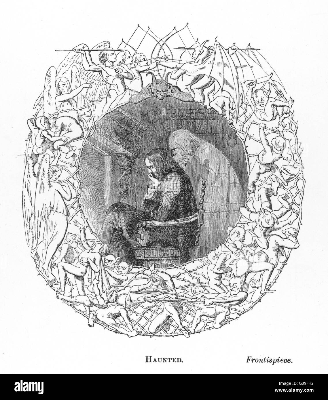 The Haunted Man: the unhappy 'haunted man' of the title gazes into the fire, while his own ghost lurks behind him.      Date: First published: 1848 Stock Photo