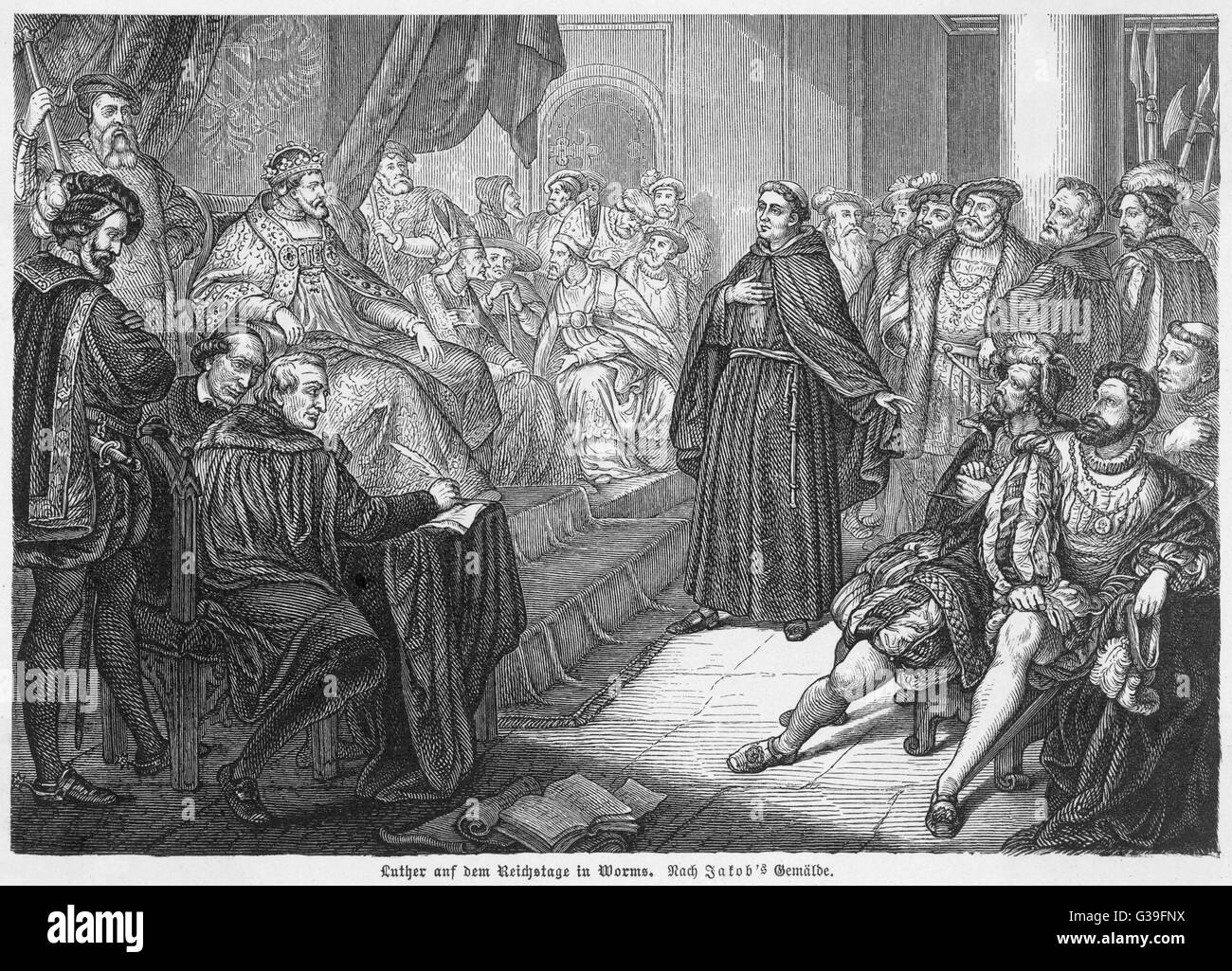 At the Diet of Worms, Luther defends his opinions before  the emperor and an assembly of notables from church and  state ; proscribed, he goes into protective hiding     Date: 17 April 1521 Stock Photo
