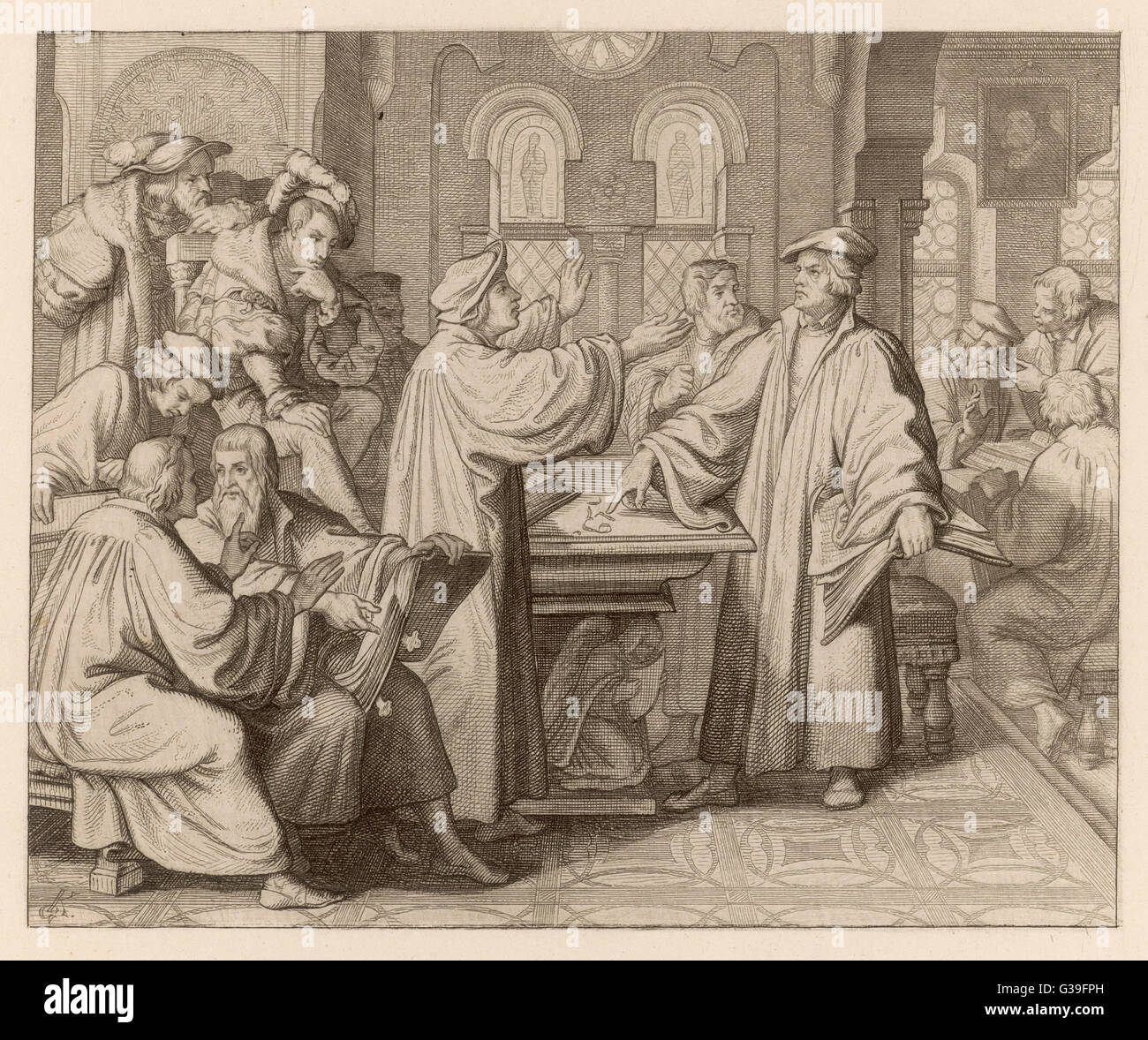 At Leipzig, in disputation  with Johann Eck, he denies the  supreme authority of popes and  councils       Date: July 1519 Stock Photo