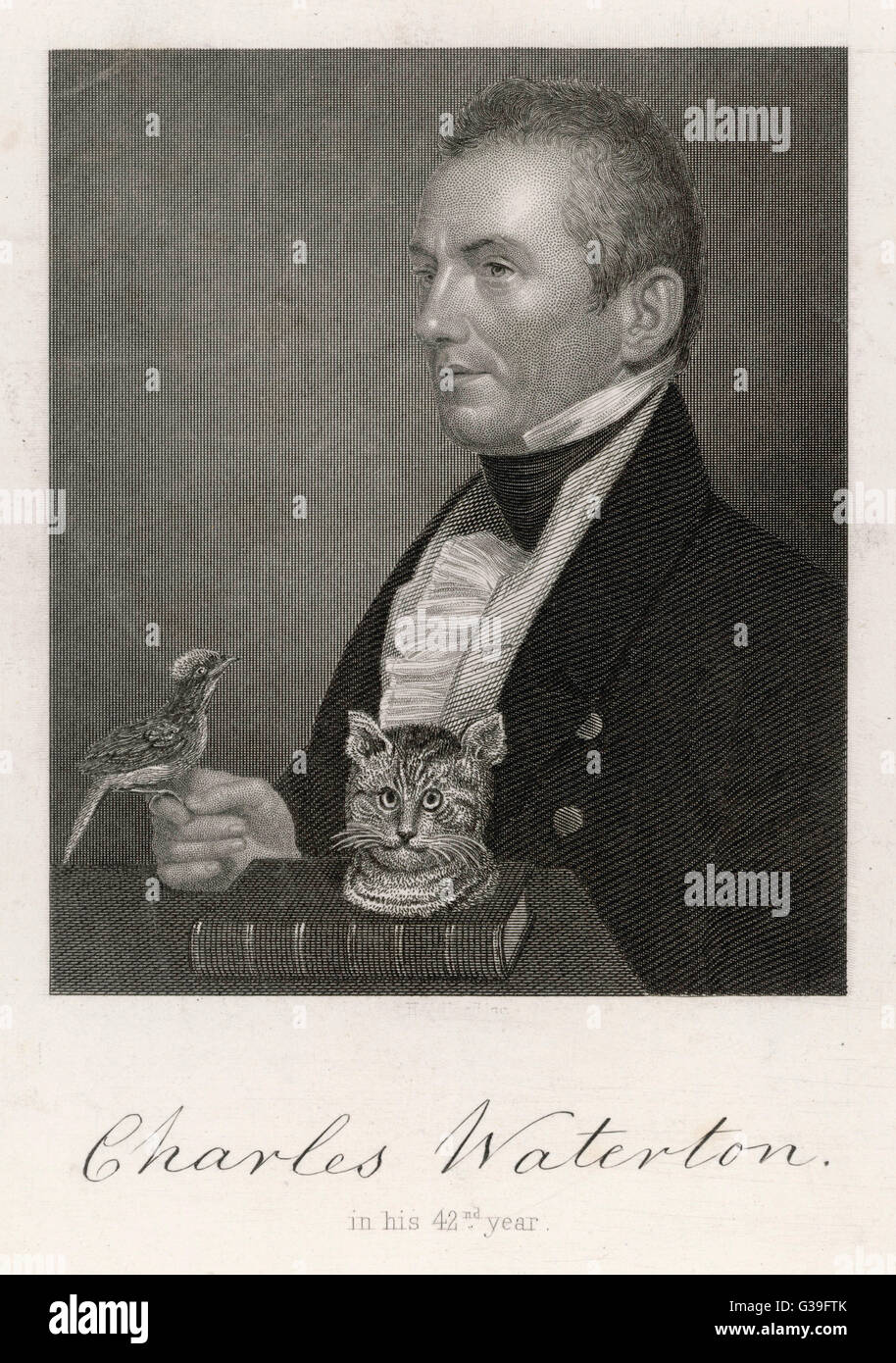 CHARLES WATERTON naturalist, at age 42, holding a bird, with a cat's