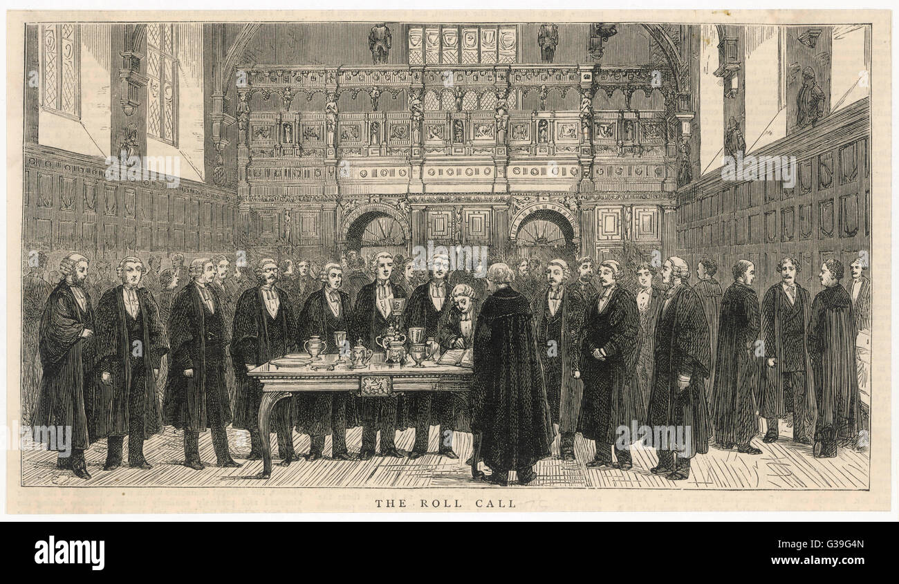 Newly qualified Barristers  called to the bar at the  Inner Temple, London        Date: 1875 Stock Photo