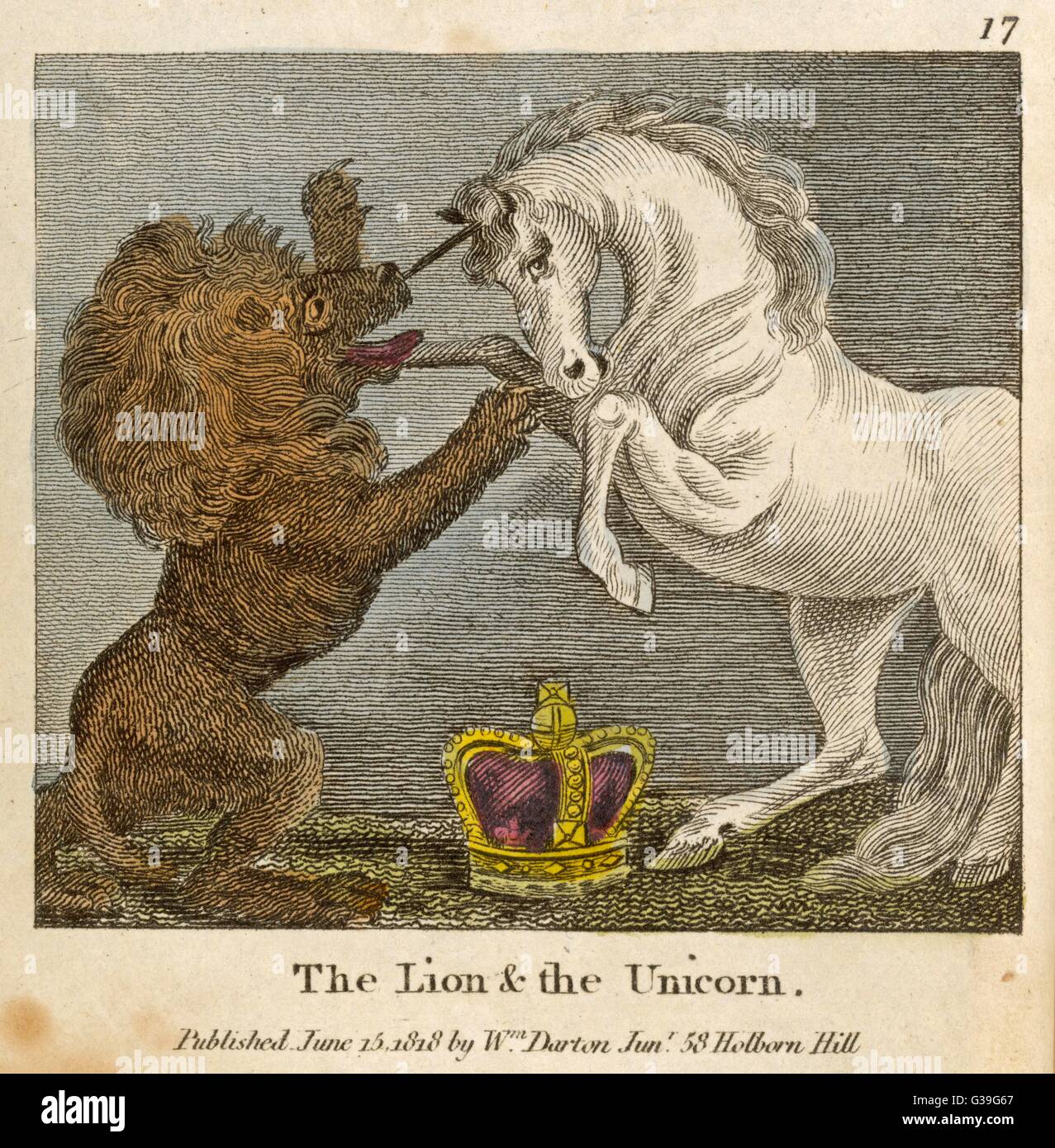 The lion and the unicorn Were fighting for the crown; The lion beat the unicorn All round about the town. Some gave them....... Stock Photo