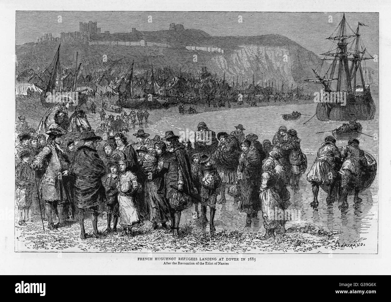 French Huguenots land at Dover, fleeing to Britain when Louis XIV Stock
