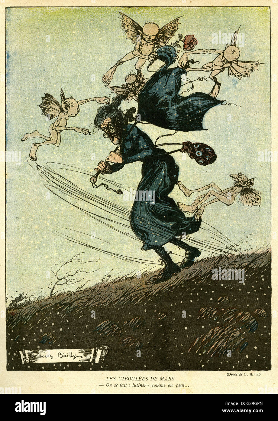 Cartoon, March goblins, showing an old lady teased by the March winds and squally showers.      Date: 1919 Stock Photo
