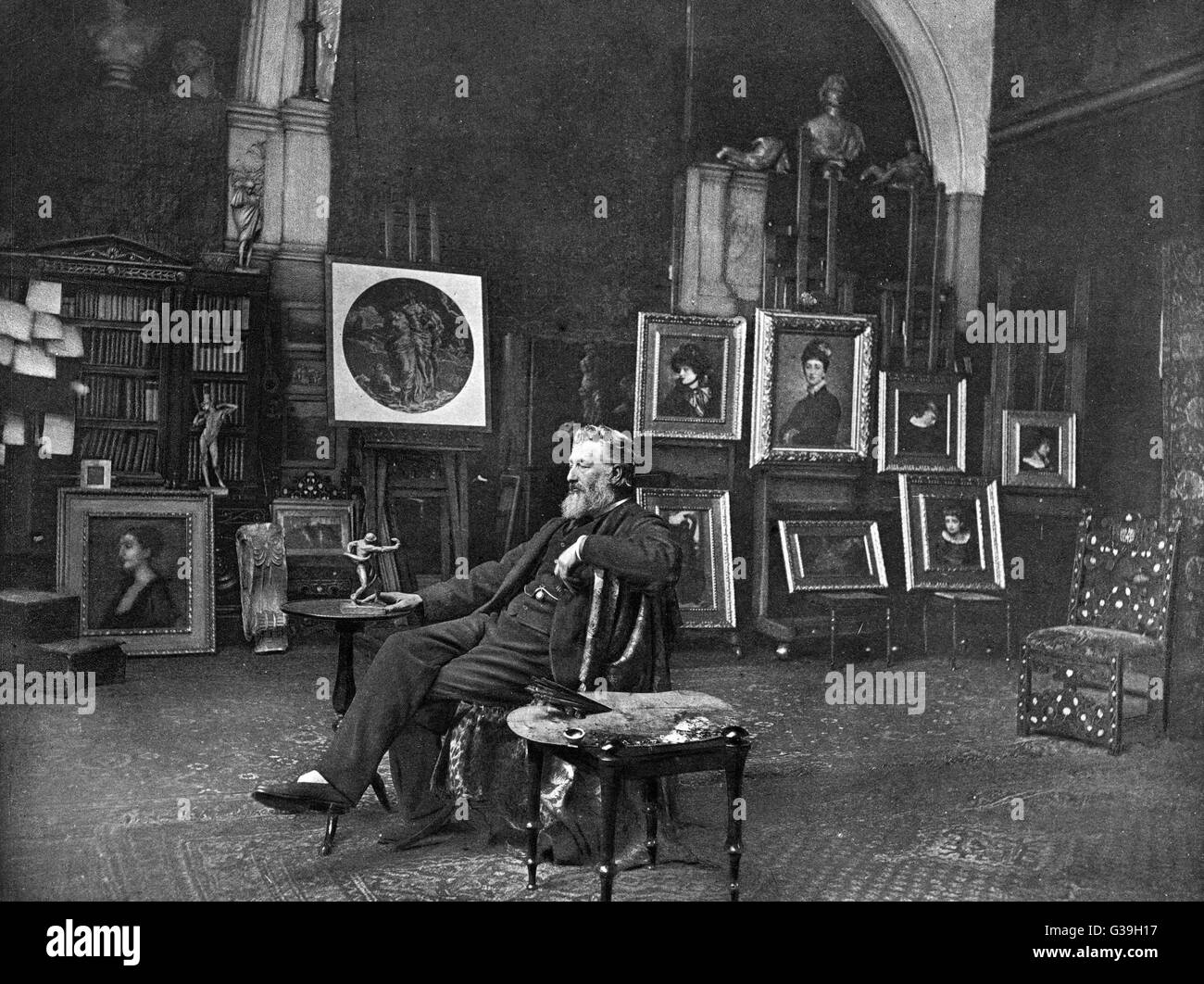 FREDERICK, LORD LEIGHTON  English artist relaxing in his  studio, surrounded by a number  of his paintings      Date: 1830 - 1896 Stock Photo