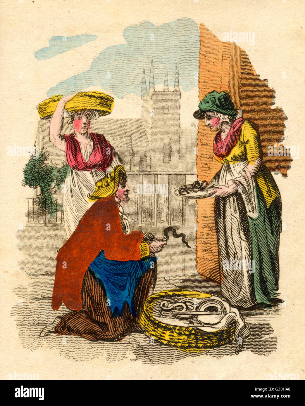 A street trader sells 'Live  eels!'        Date: 1804 Stock Photo