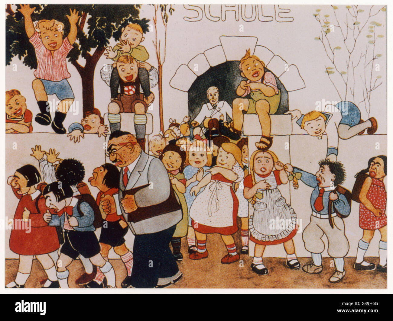 Nazi-inspired schoolbook  depicting ugly Jewish school  children and their teacher  being expelled from school  taunted by German children.      Date: 1935 Stock Photo