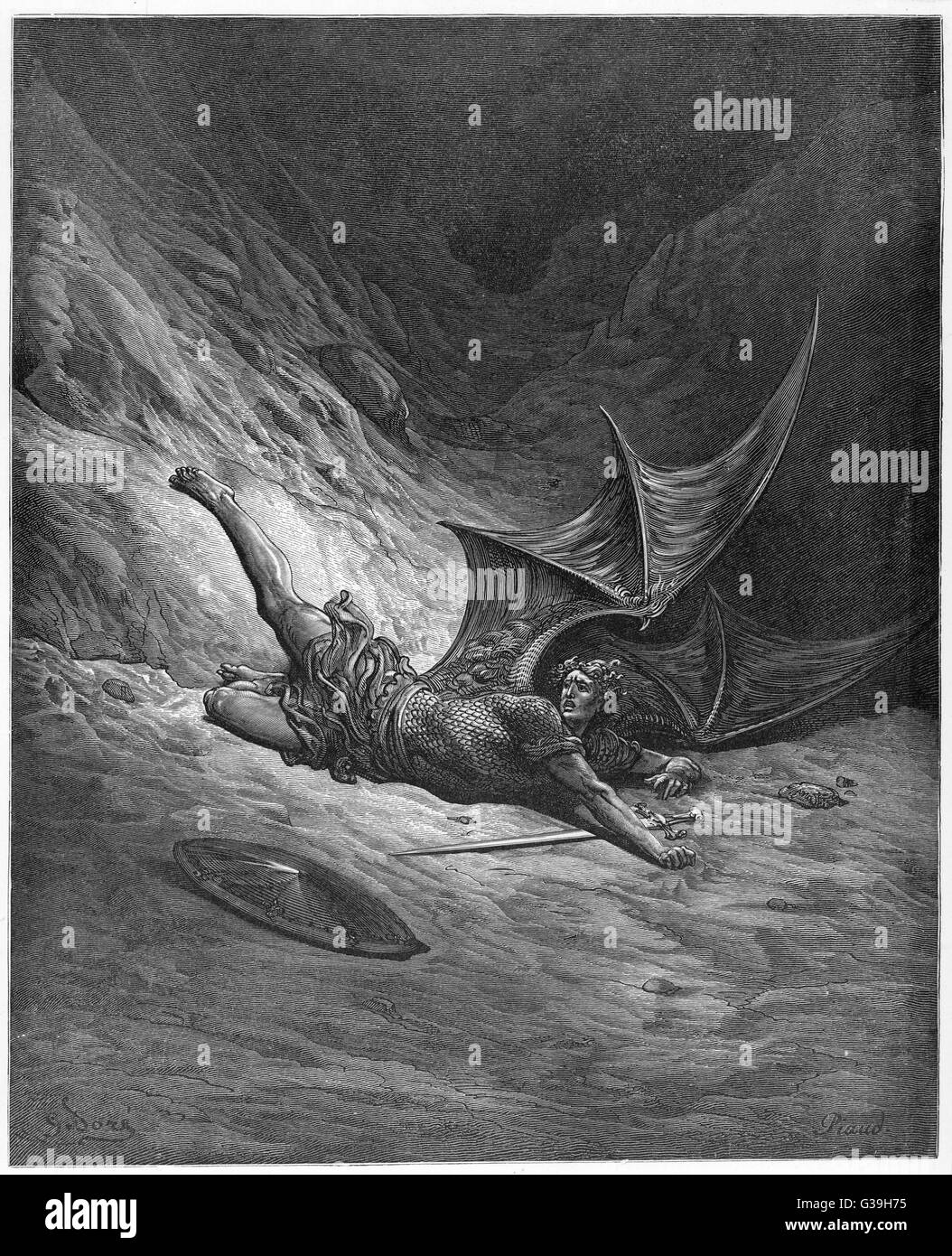Satan, shown as the fallen angel, after having been smitten by Michael.        Date: First published: 1667 Stock Photo