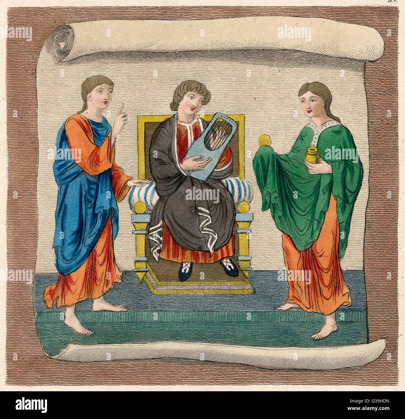 Ecclesiastical habits, priests singing and  making music        Date: 8th century Stock Photo