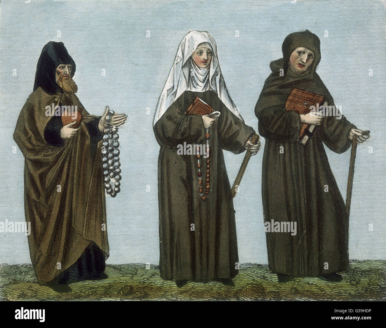 Ecclesiastical habits, a pilgrim, a nun and a monk - two of them carrying their  beads, for this is before the  Reformation      Date: 15th century Stock Photo